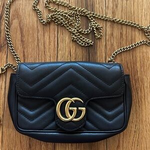 Gucci Black and Gold Marmont Super Mini Bag with chain and heart detail